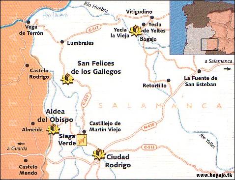 Emplazamiento de las distintas rutas a las que se hacen referencia en esta secci�n. Pincha para ver un mapa m�s amplio de la provincia salmantina.