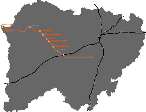 Situaci�n de la l�nea ferroviaria de La Fuente de San Esteban a Bar�a D'Alva dentro de la provincia de Salamanca